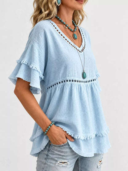 Full Size Frayed Hem V-Neck Blouse Plus Size - Bitsy Gypsy Boutique