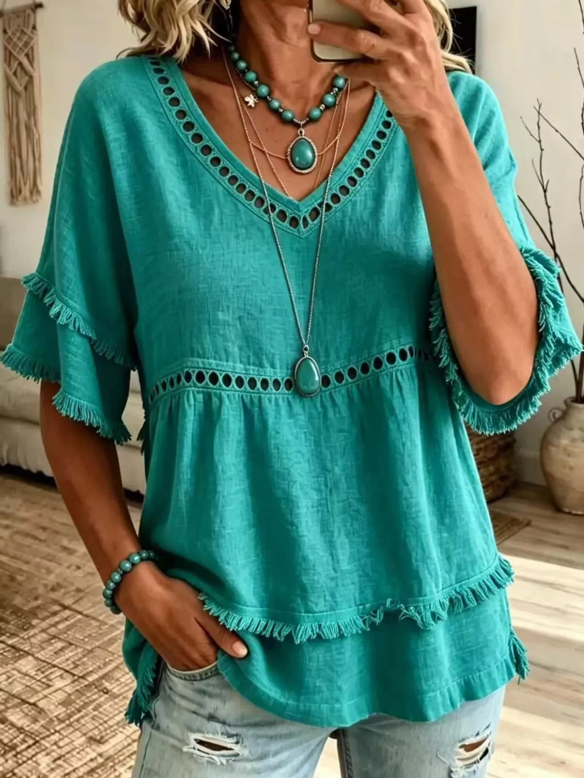 Full Size Frayed Hem V-Neck Blouse Plus Size - Bitsy Gypsy Boutique