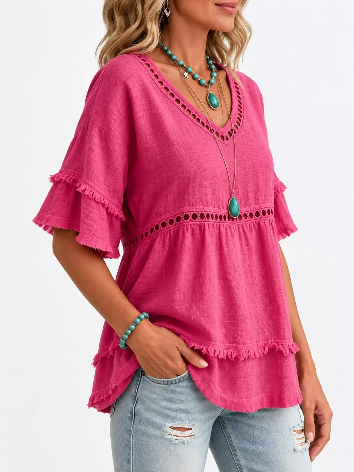 Full Size Frayed Hem V-Neck Blouse Plus Size - Bitsy Gypsy Boutique