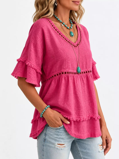 Full Size Frayed Hem V-Neck Blouse Plus Size - Bitsy Gypsy Boutique