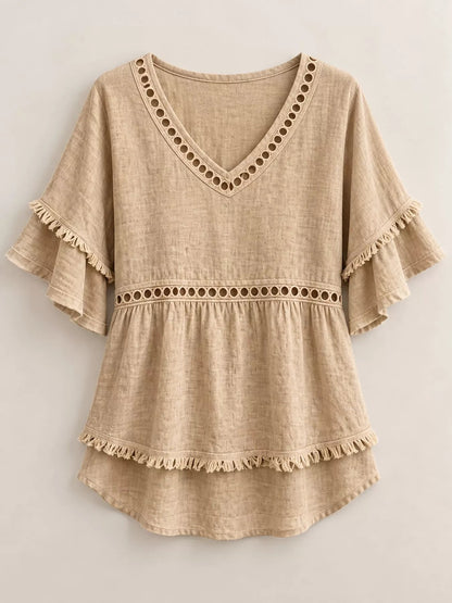 Full Size Frayed Hem V-Neck Blouse Plus Size - Bitsy Gypsy Boutique