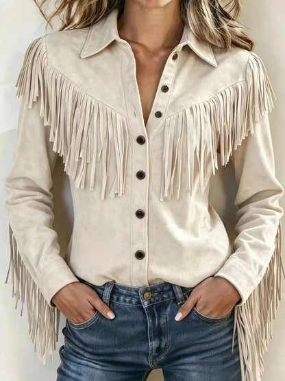 Full Size Fringed Button Up Shirt Plus Size - Bitsy Gypsy Boutique