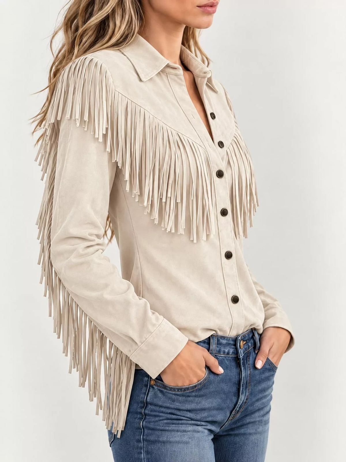 Full Size Fringed Button Up Shirt Plus Size - Bitsy Gypsy Boutique