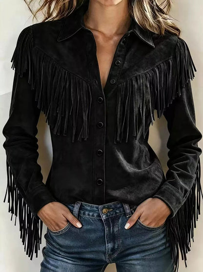 Full Size Fringed Button Up Shirt Plus Size - Bitsy Gypsy Boutique