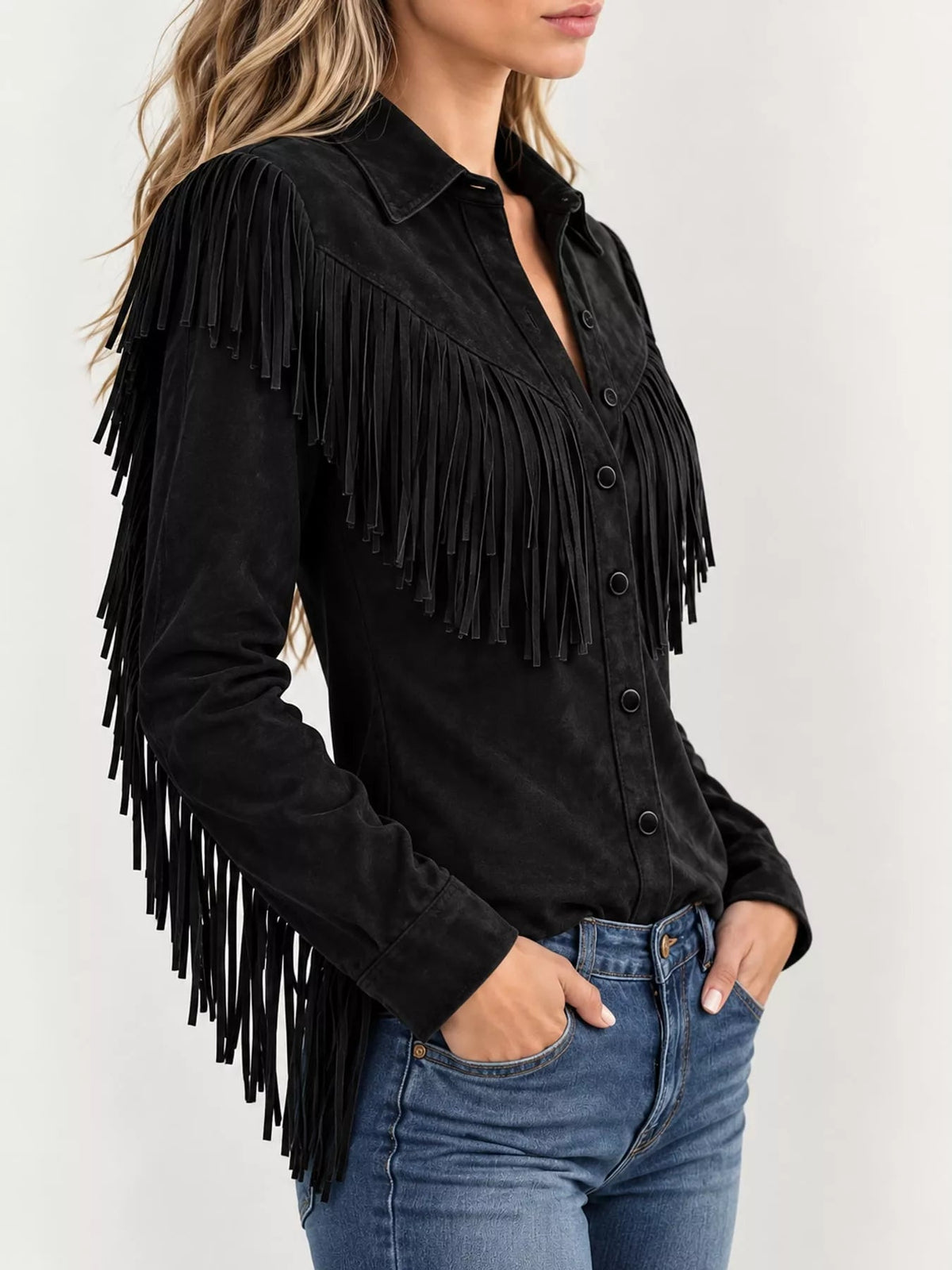 Full Size Fringed Button Up Shirt Plus Size - Bitsy Gypsy Boutique