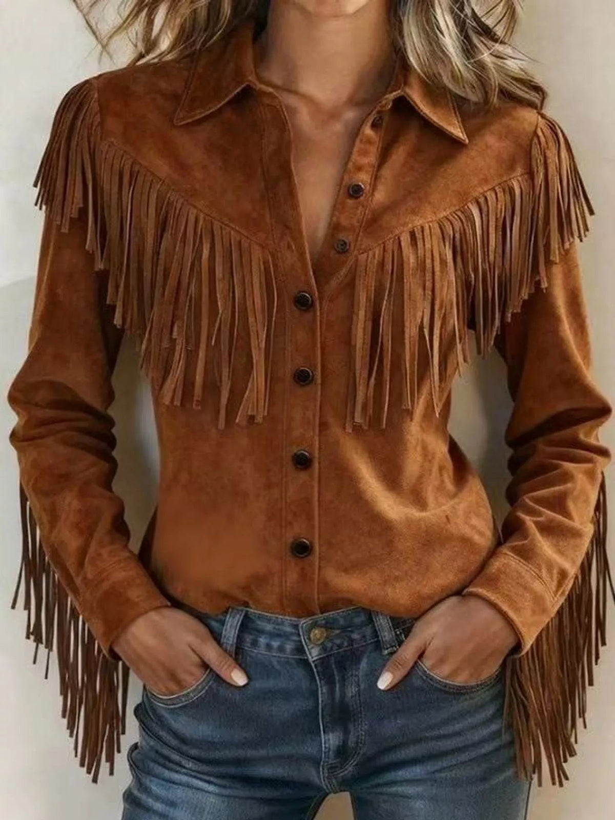 Full Size Fringed Button Up Shirt Plus Size - Bitsy Gypsy Boutique