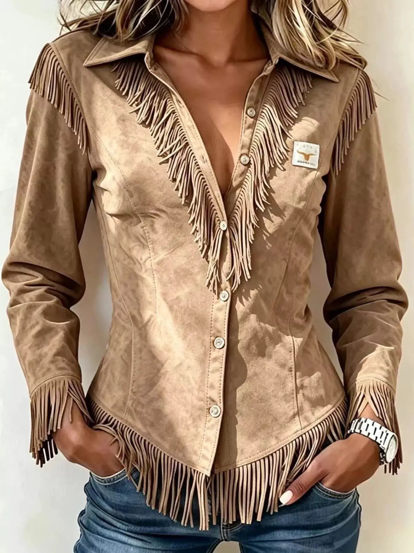 Fringed Collared Neck Shirt by Trendsi