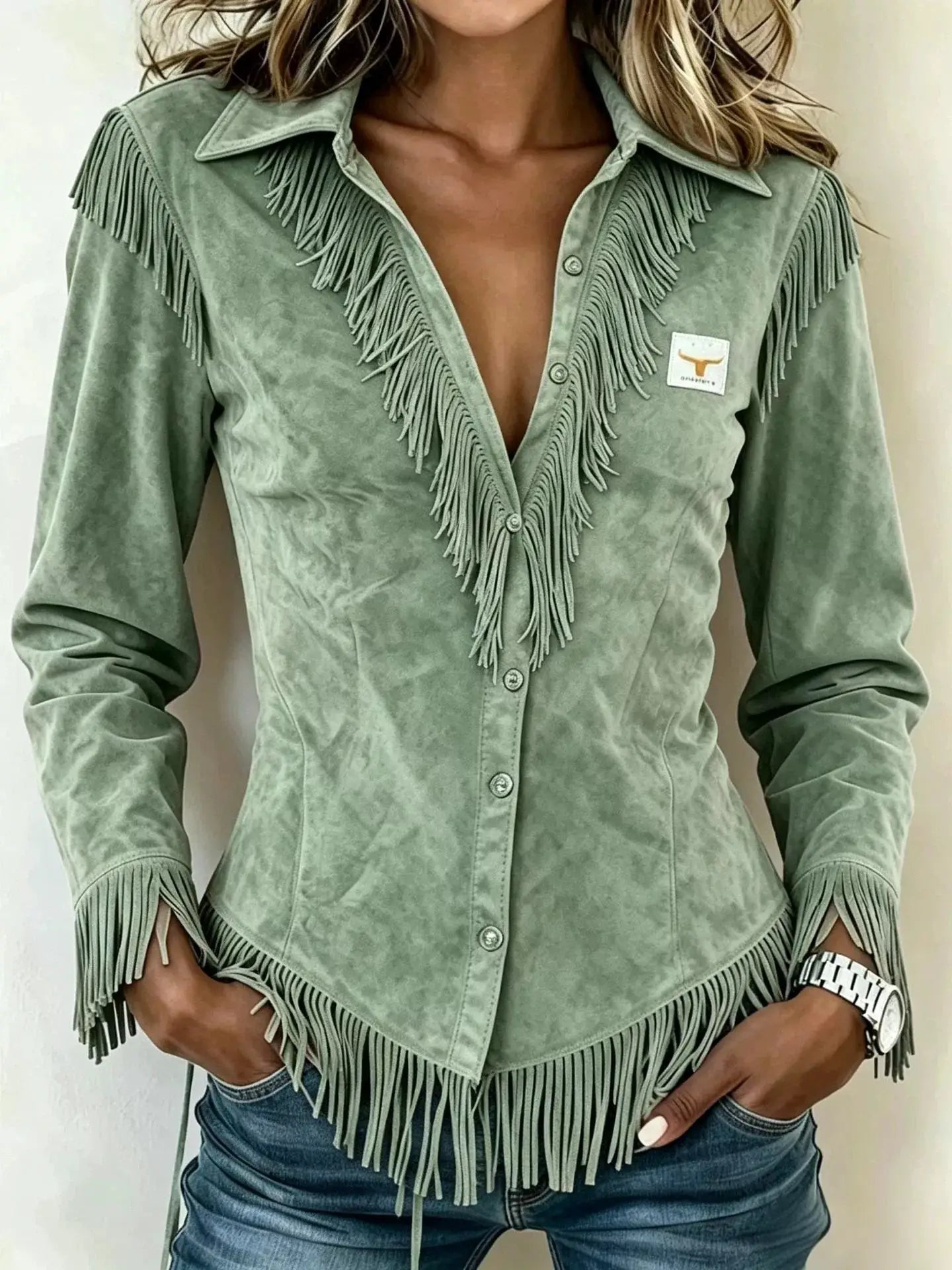Fringed Collared Neck Shirt by Trendsi