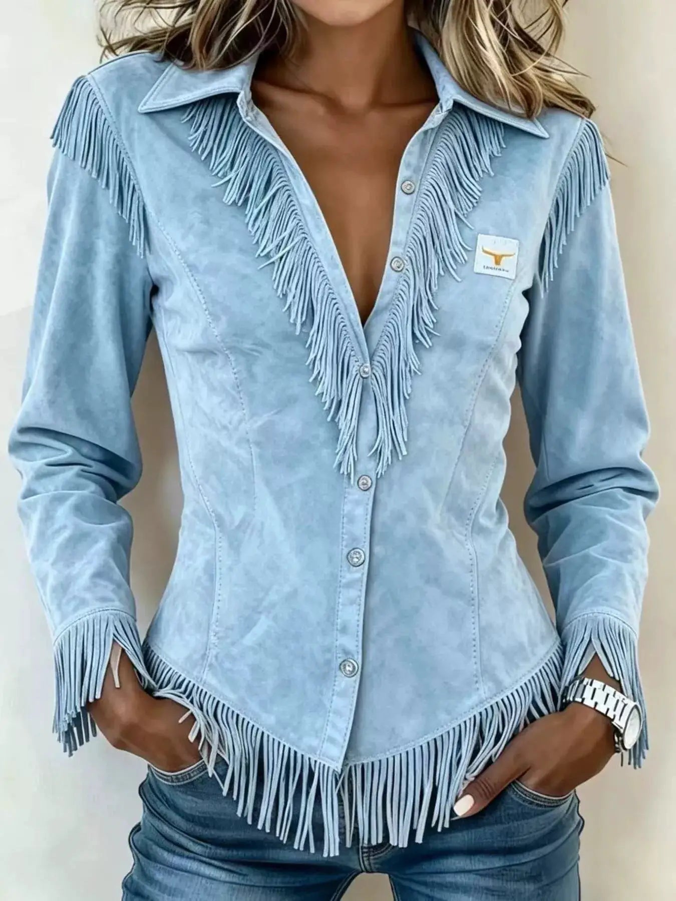 Fringed Collared Neck Shirt by Trendsi