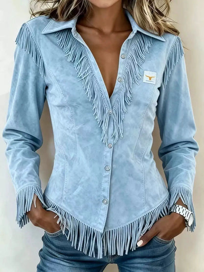 Fringed Collared Neck Shirt by Trendsi