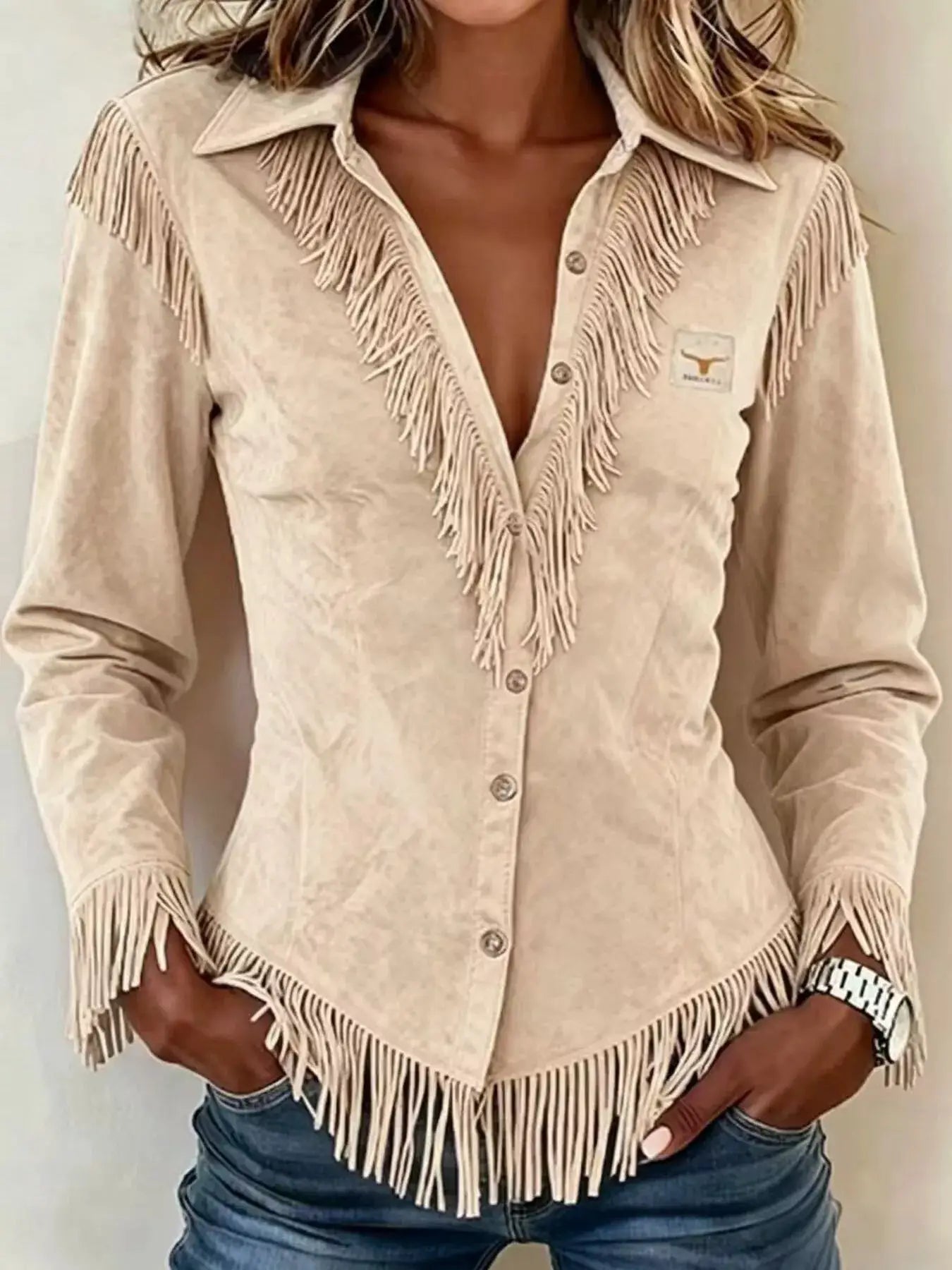 Fringed Collared Neck Shirt by Trendsi