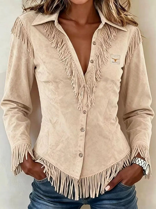 Full Size Fringed Collared Neck Shirt Plus Size - Bitsy Gypsy Boutique