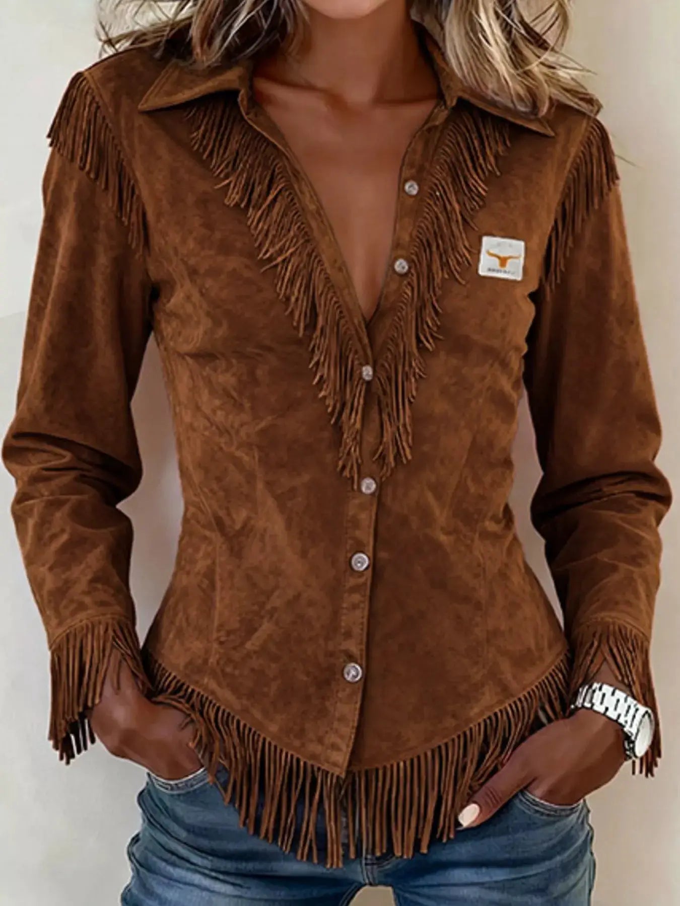 Fringed Collared Neck Shirt by Trendsi