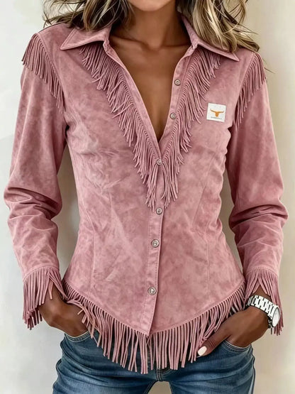 Fringed Collared Neck Shirt by Trendsi