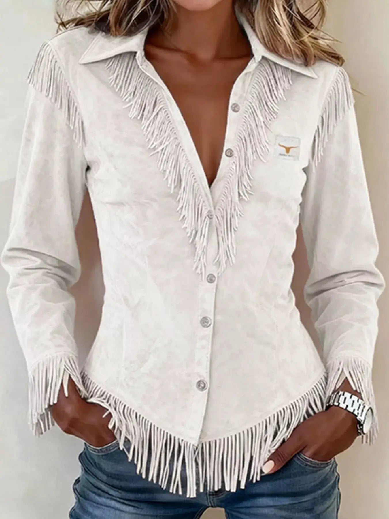Fringed Collared Neck Shirt by Trendsi