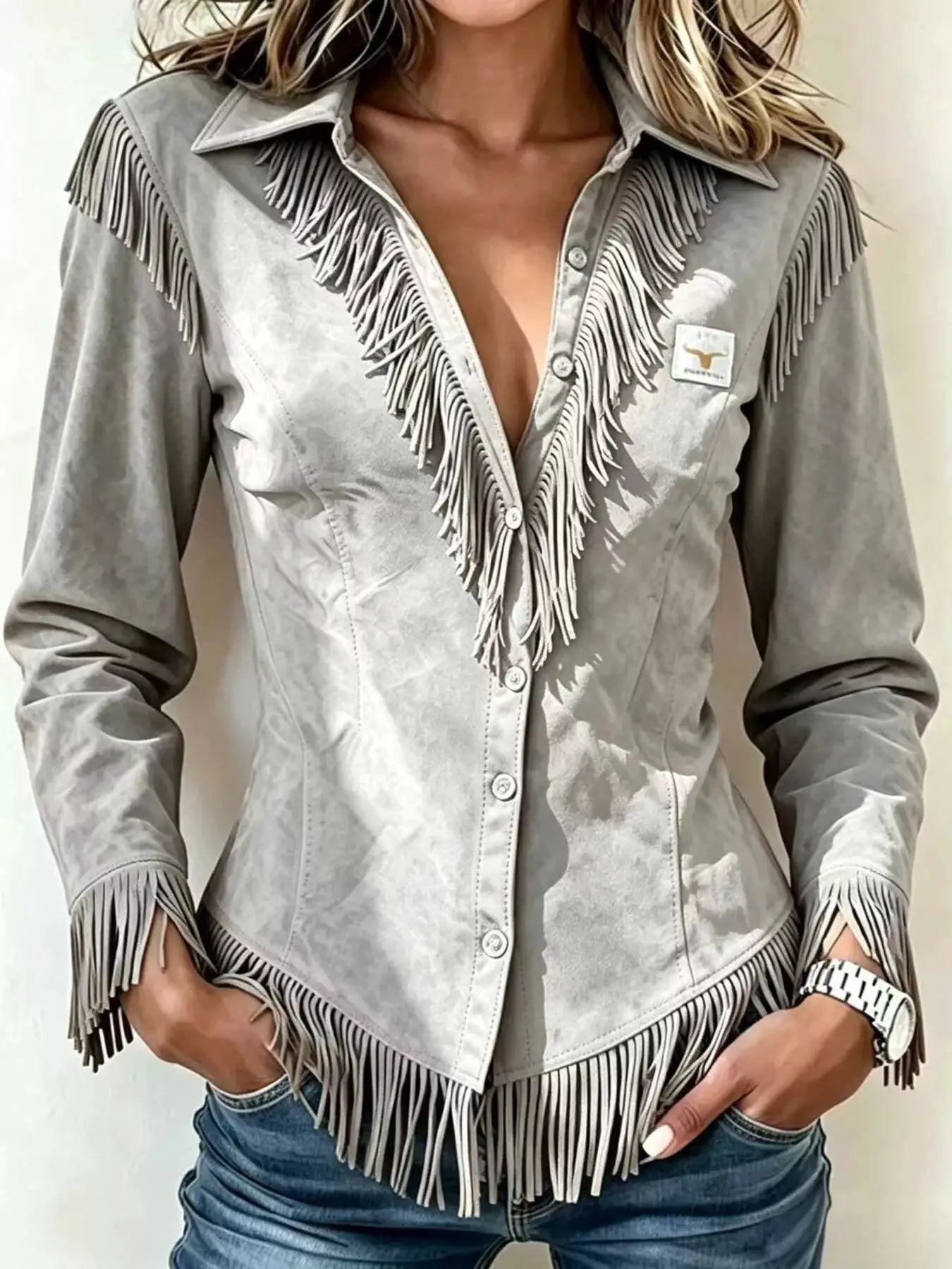 Fringed Collared Neck Shirt by Trendsi