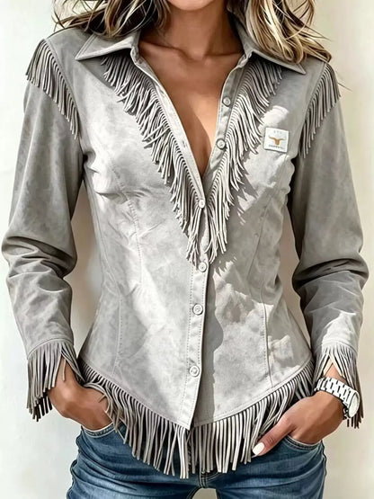 Fringed Collared Neck Shirt by Trendsi