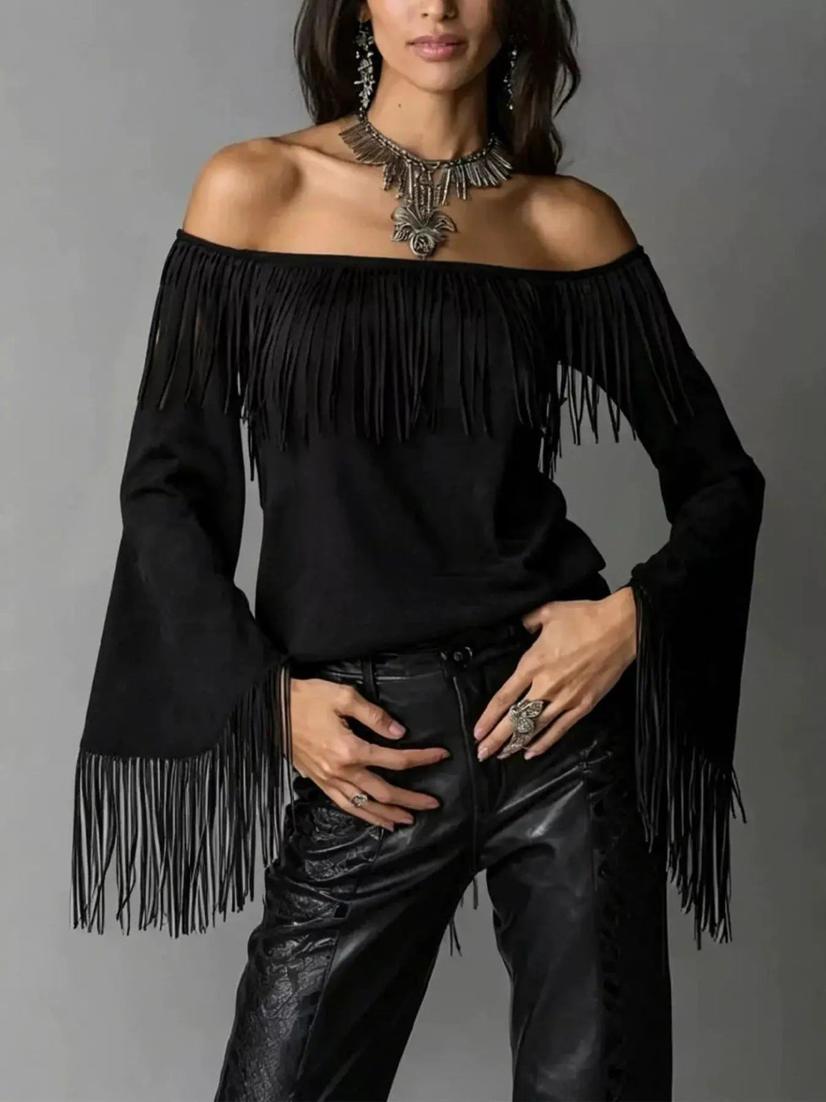 Full Size Fringed Off-Shoulder T-Shirt Plus Size - Bitsy Gypsy Boutique