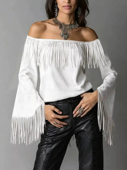 Full Size Fringed Off-Shoulder T-Shirt Plus Size - Bitsy Gypsy Boutique