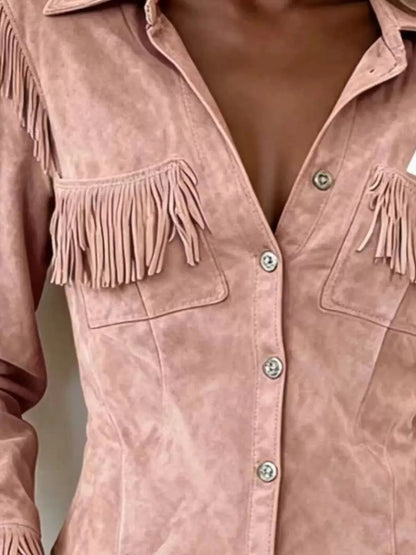 Full Size Fringed Snap Down Jacket Plus Size - Bitsy Gypsy Boutique