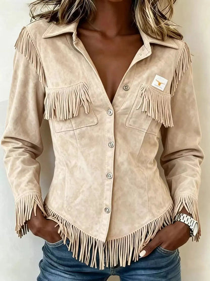Full Size Fringed Snap Down Jacket Plus Size - Bitsy Gypsy Boutique