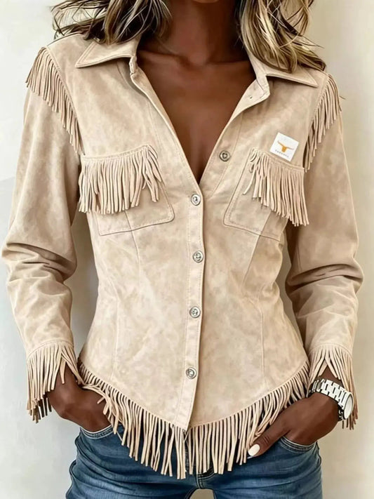 Full Size Fringed Snap Down Jacket Plus Size - Bitsy Gypsy Boutique