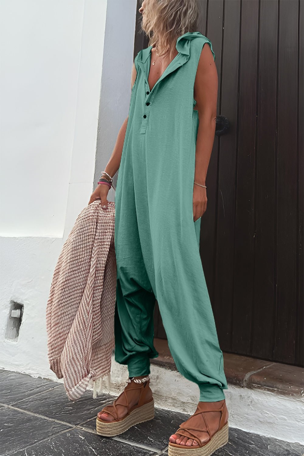 Full Size Half Button Sleeveless Jumpsuit - Bitsy Gypsy Boutique