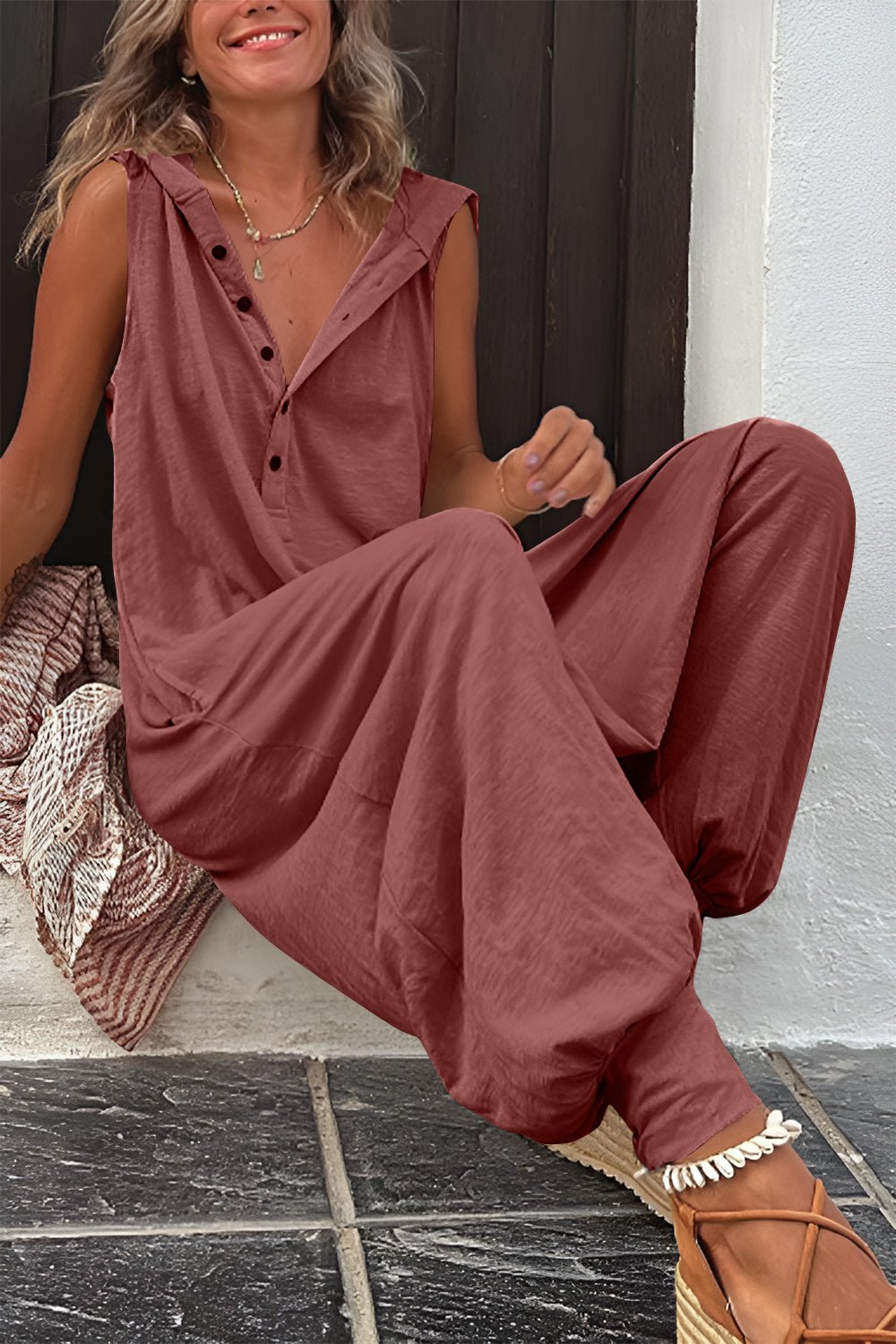 Full Size Half Button Sleeveless Jumpsuit - Bitsy Gypsy Boutique