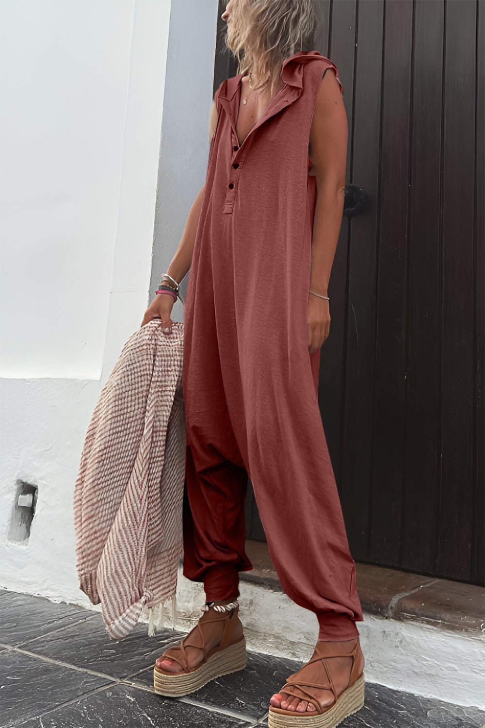 Full Size Half Button Sleeveless Jumpsuit - Bitsy Gypsy Boutique