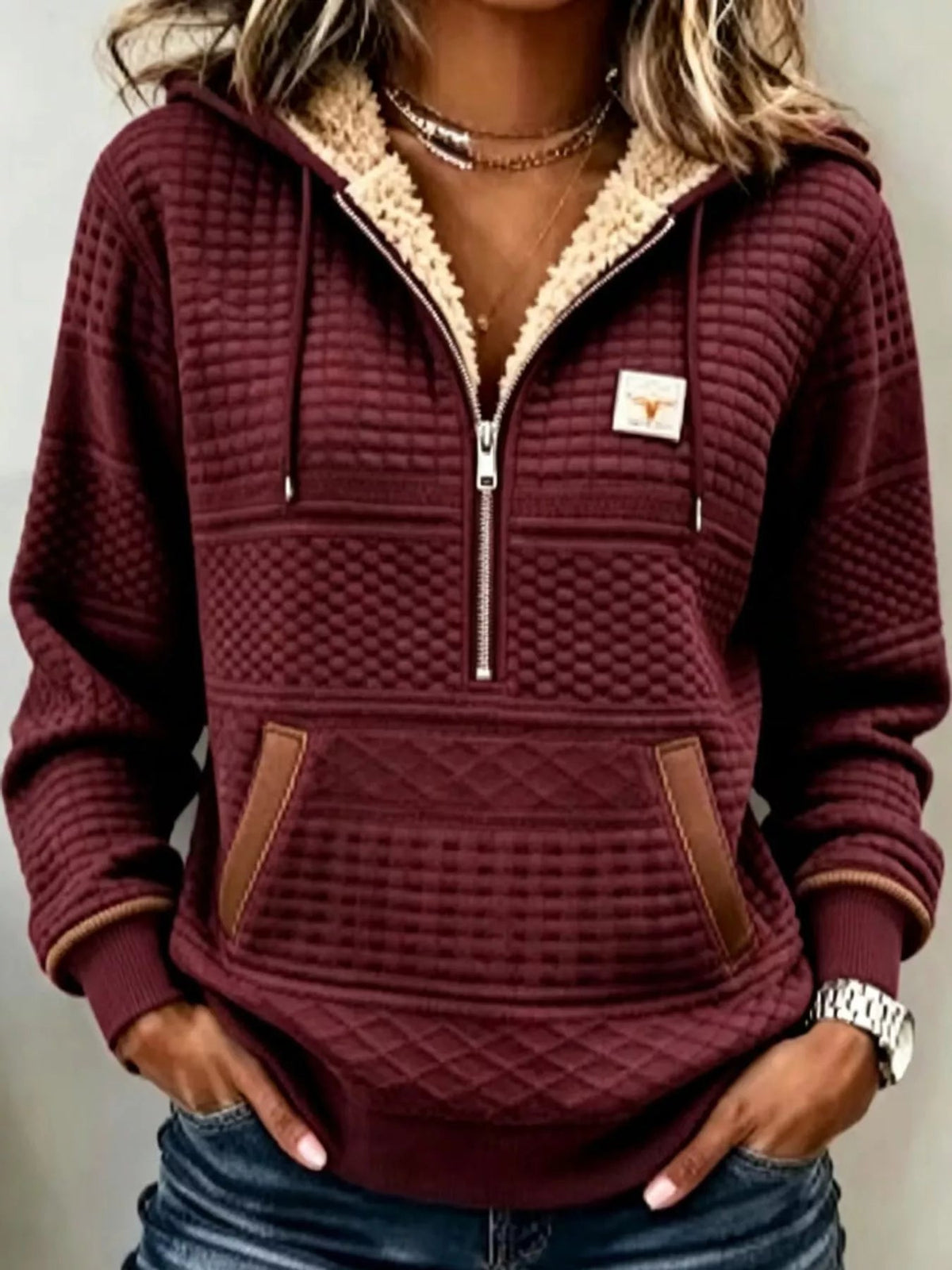 Full Size Half Zip Texture Hoodie Plus Size - Bitsy Gypsy Boutique