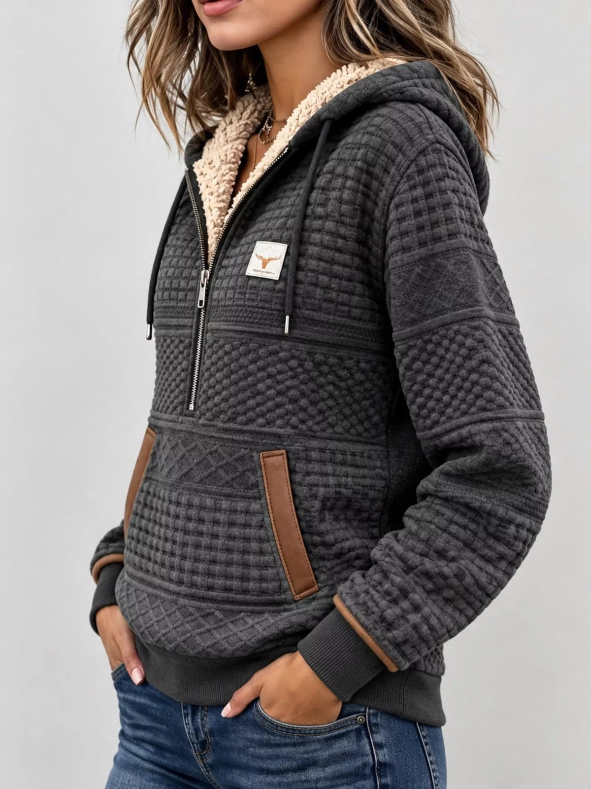 Full Size Half Zip Texture Hoodie Plus Size - Bitsy Gypsy Boutique