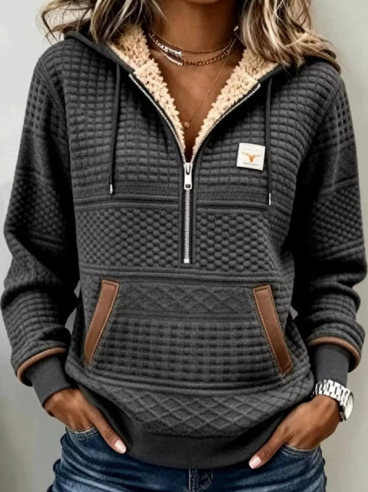 Full Size Half Zip Texture Hoodie Plus Size - Bitsy Gypsy Boutique