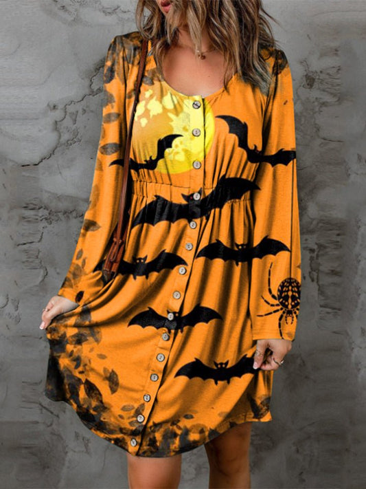 Full Size Halloween Theme Round Neck Long Sleeve Magic Dress - Bitsy Gypsy Boutique