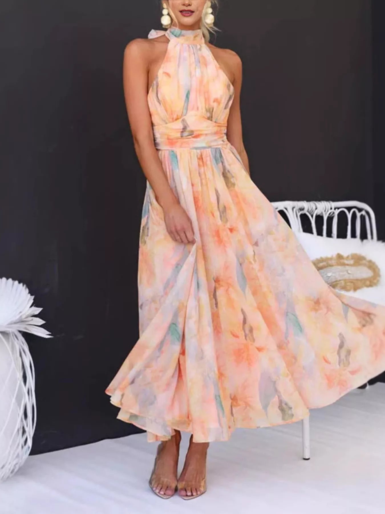 Full Size Halter Neck Floral Print Maxi Dress Plus Size - Bitsy Gypsy Boutique
