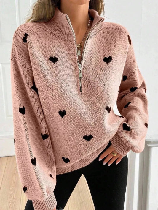 Full Size Heart Half-Zip Long Sleeve Sweater Plus Size - Bitsy Gypsy Boutique