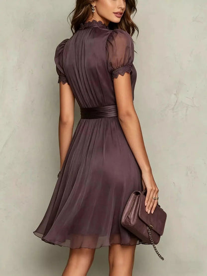 Full Size Lace Trim Puff Sleeve A-Line Dress Plus Size - Bitsy Gypsy Boutique