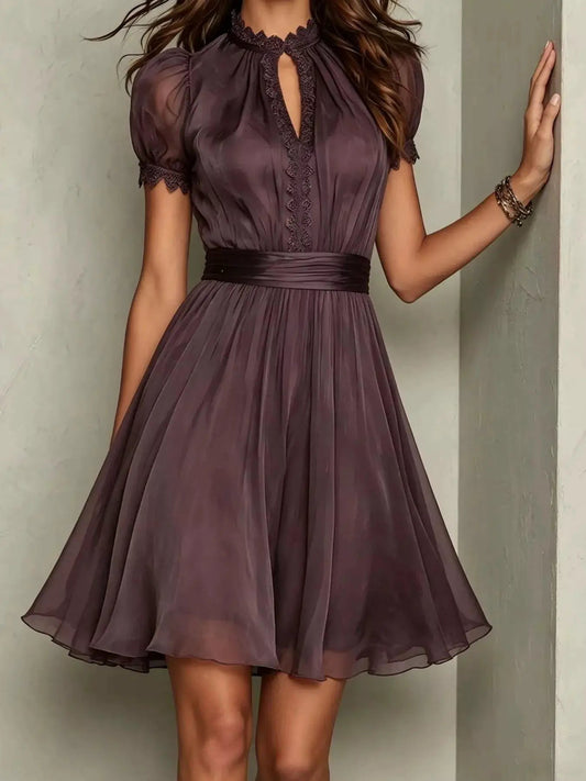 Full Size Lace Trim Puff Sleeve A-Line Dress Plus Size - Bitsy Gypsy Boutique