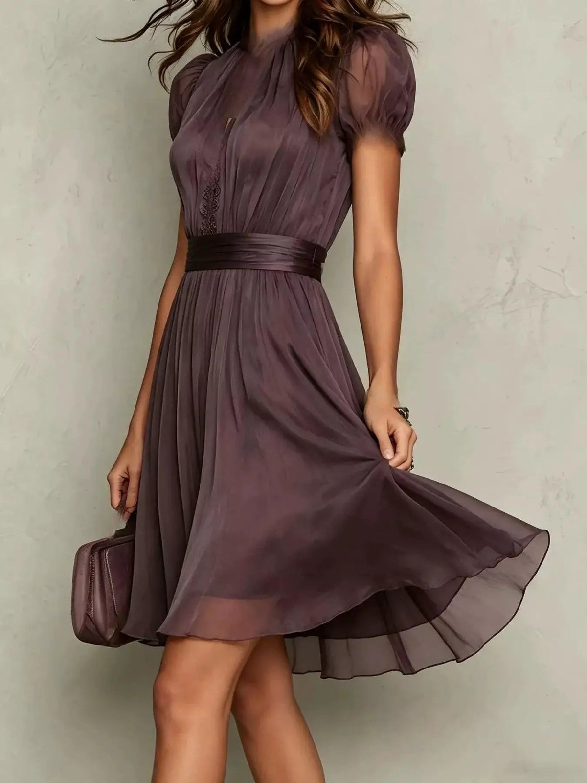 Full Size Lace Trim Puff Sleeve A-Line Dress Plus Size - Bitsy Gypsy Boutique