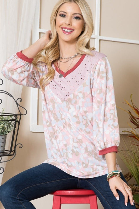 Full Size Leaf Print Contrast Trim Balloon Sleeve Top - Bitsy Gypsy Boutique