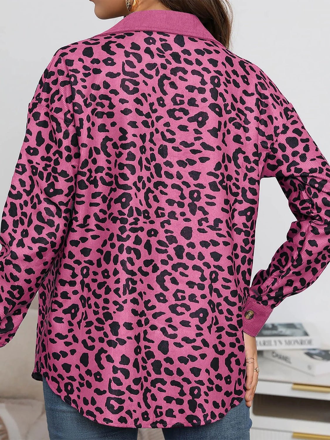 Full Size Leopard Collared Neck Button Up Long Sleeve Jacket - Bitsy Gypsy Boutique