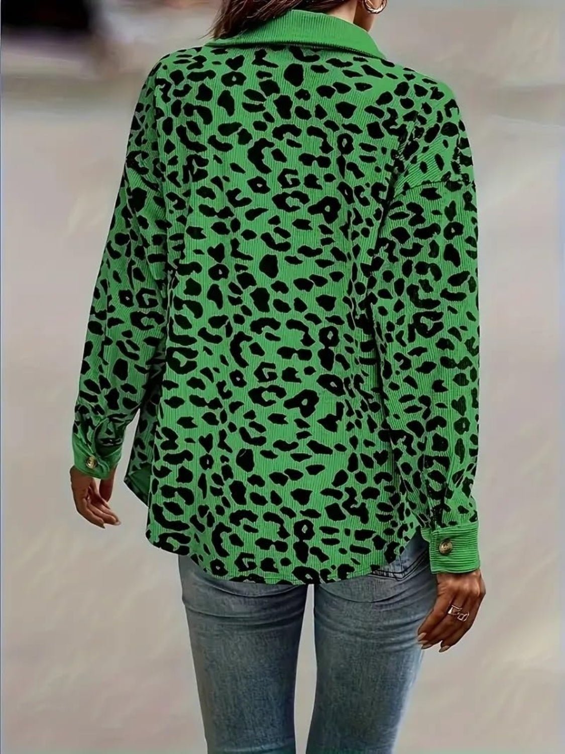 Full Size Leopard Collared Neck Button Up Long Sleeve Jacket - Bitsy Gypsy Boutique