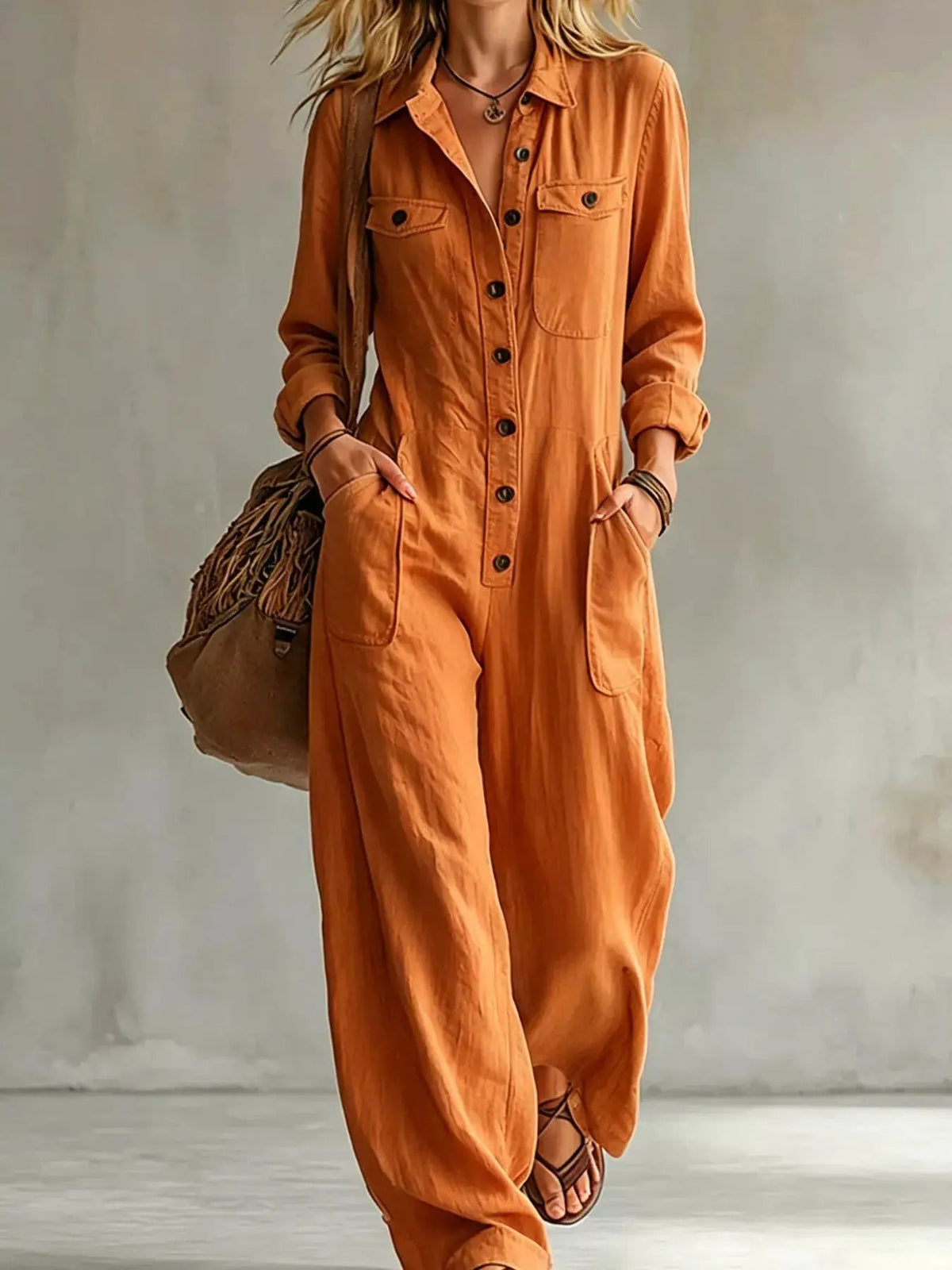 Full Size Long Sleeve Button Front Jumpsuit Plus Size - Bitsy Gypsy Boutique