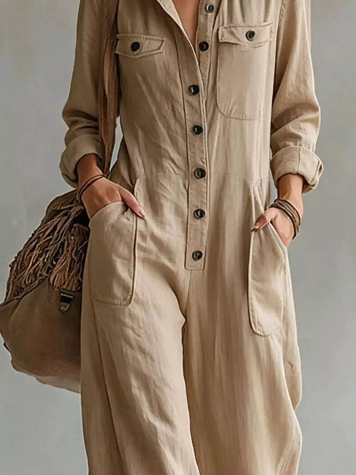 Full Size Long Sleeve Button Front Jumpsuit Plus Size - Bitsy Gypsy Boutique