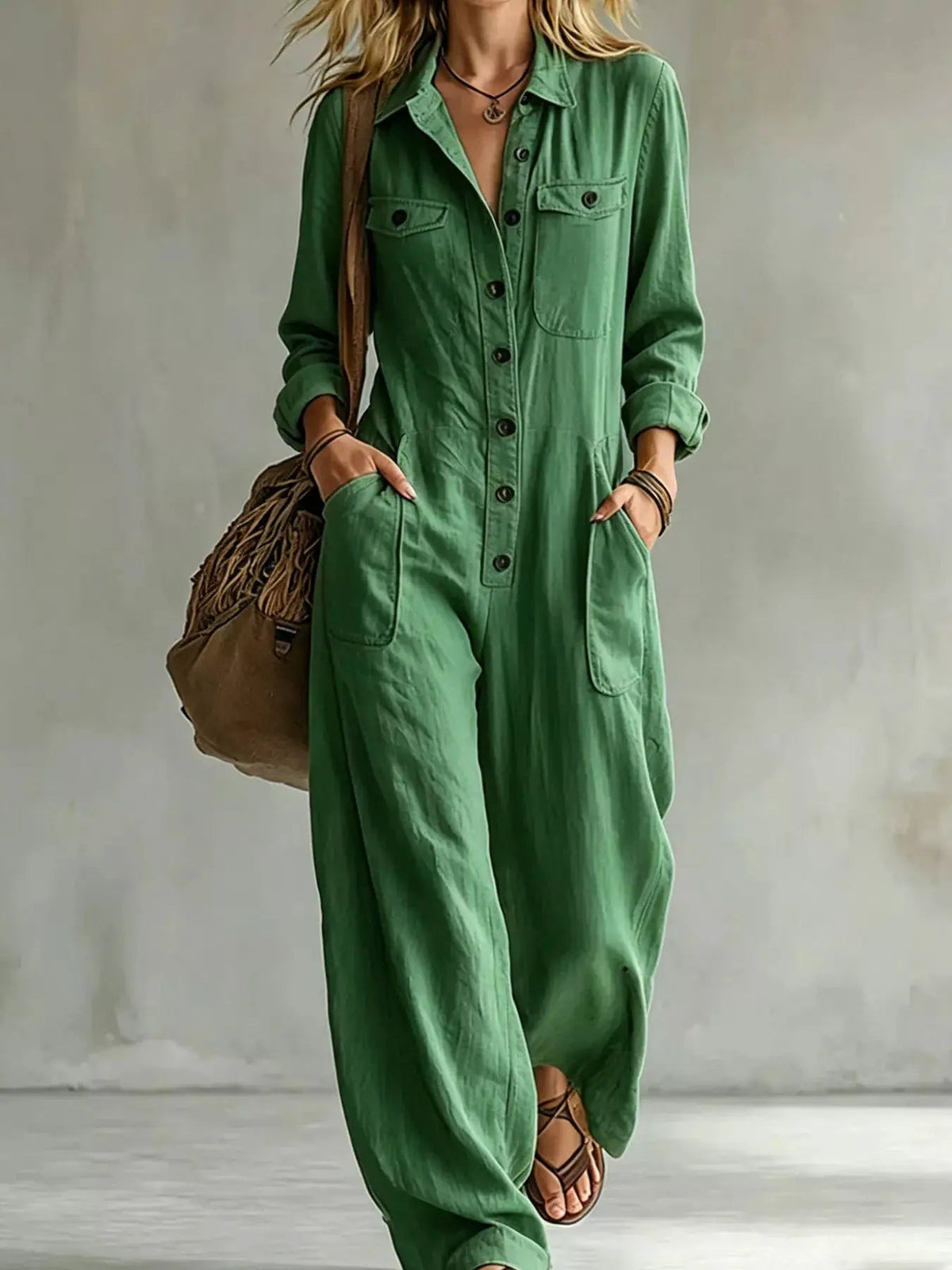 Full Size Long Sleeve Button Front Jumpsuit Plus Size - Bitsy Gypsy Boutique