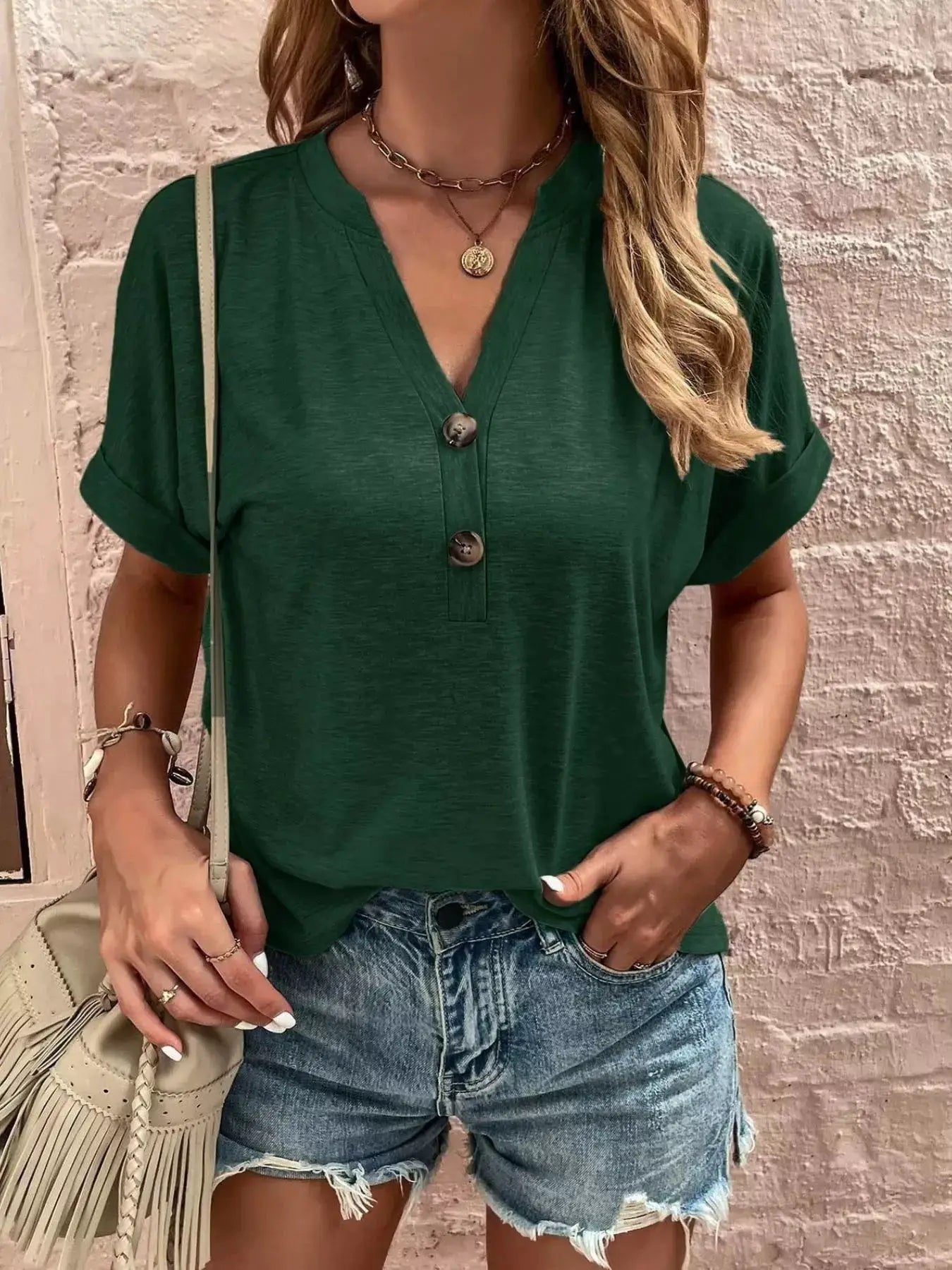 Full Size Notched T-Shirt with Rolled Sleeves Plus Size by Trendsi
