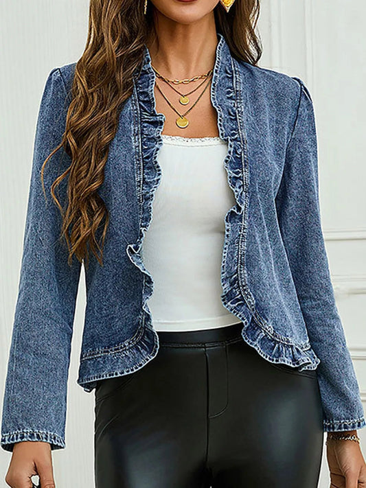 Full Size Open Front Ruffled Trim Washed Denim Jacket Plus Size - Bitsy Gypsy Boutique