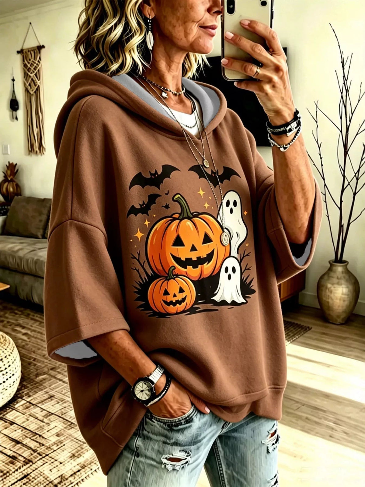 Full Size Oversized Halloween Pumpkin Ghost Graphic Hoodie Plus Size - Bitsy Gypsy Boutique