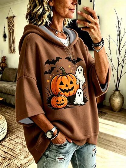 Full Size Oversized Halloween Pumpkin Ghost Graphic Hoodie Plus Size - Bitsy Gypsy Boutique