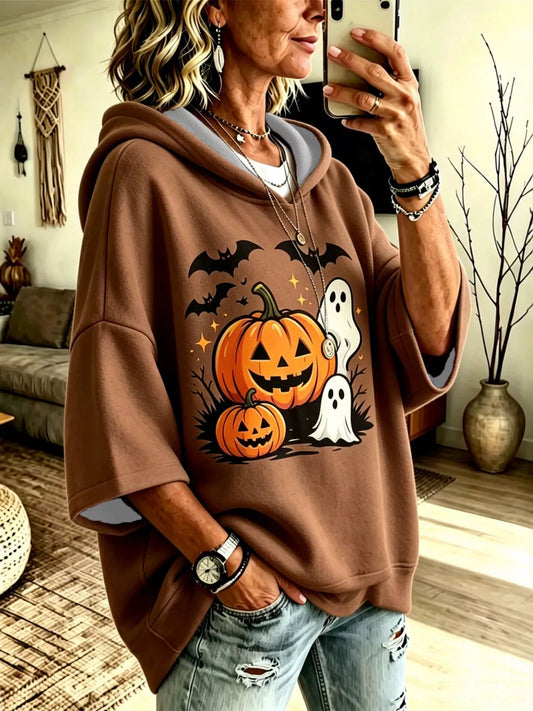 Full Size Oversized Halloween Pumpkin Ghost Graphic Hoodie Plus Size - Bitsy Gypsy Boutique