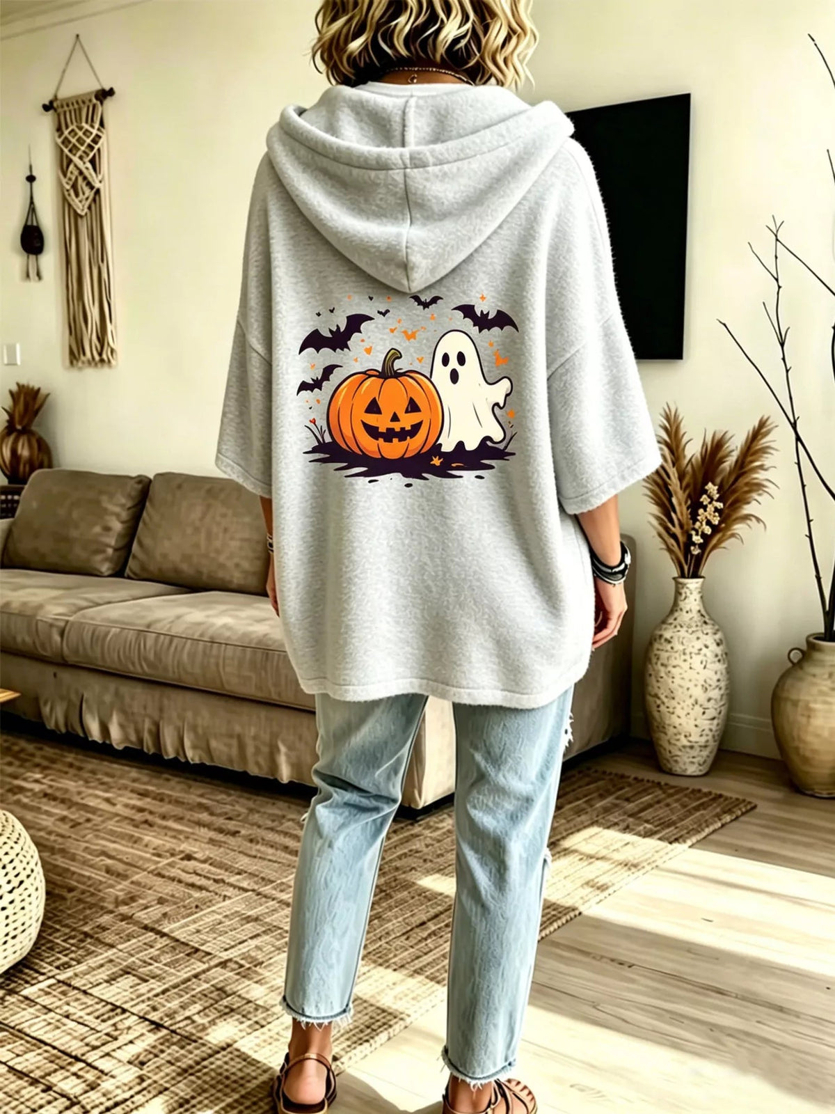 Full Size Oversized Halloween Pumpkin Ghost Graphic Hoodie Plus Size - Bitsy Gypsy Boutique